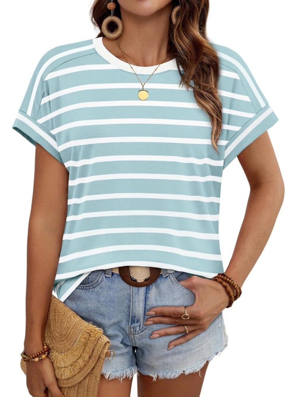 Women's Blue White Striped Crew-neck Short Sleeve Classic Loose Fit Summer Shirt - Picture 2 of 5